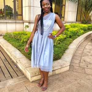 Silver sequins and mesh midi dress